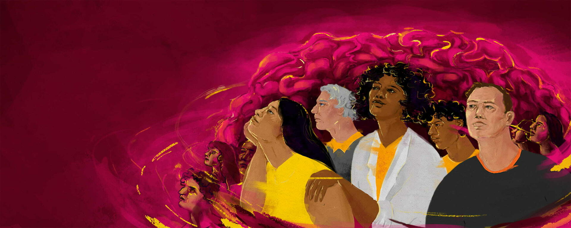 A painted illustration shows five diverse people in the foreground, representing mental health conditions across communities, with a central person representing hope. A large, bright pink brain with yellow and pink swirls is in the background.